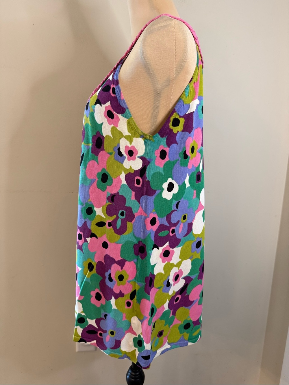 Joseph A. vibrant floral sleeveless sweater top braided pink trim SZ LG - Picture 3 of 11